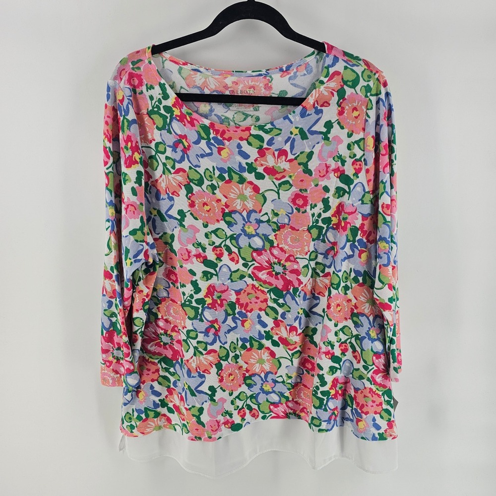 Talbots Knit Top 2X Multicolor Floral Layered Hem 3/4 Sleeve Casual Cottage Work